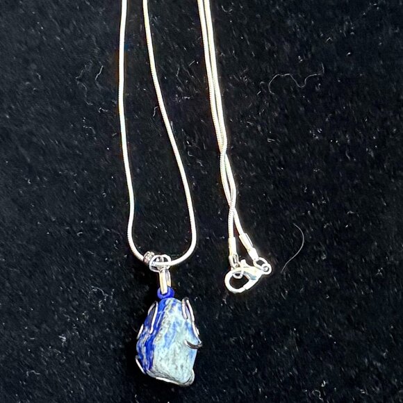 Lapis Lazuli Crystal Rock Silver Wrapped Necklace - Picture 2 of 6